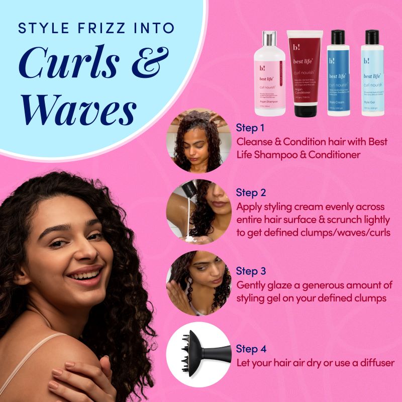 Best Life Curl Nourish Argan Wash & Style Bundle | for Dry, Color-treated, Curly, Wavy & Coily Hair (900 Ml (Pack of 4))