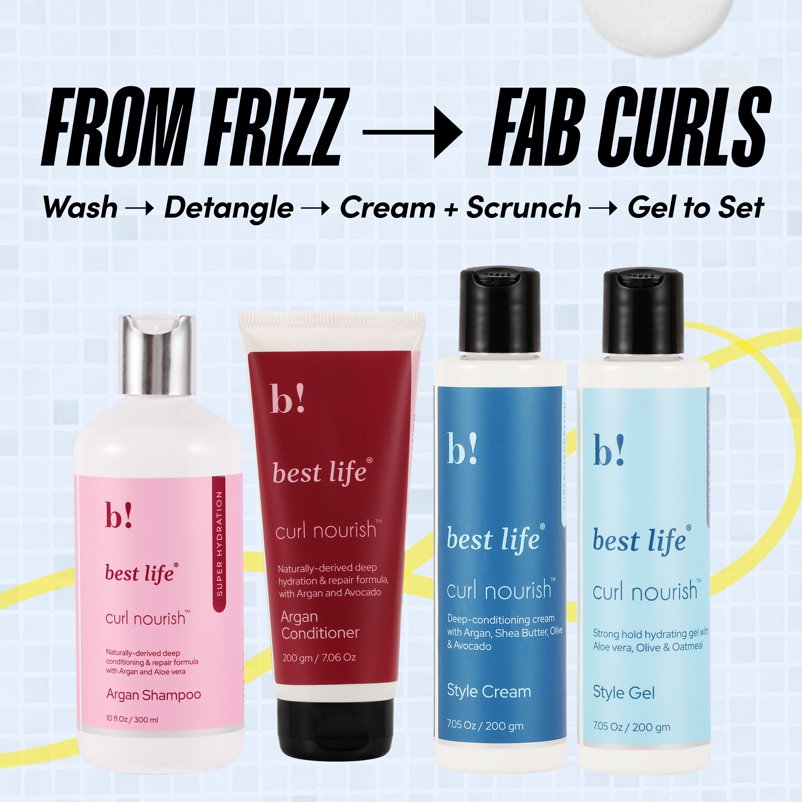 Best Life Curl Nourish Argan Wash &amp; Style Bundle | for Dry, Color-treated, Curly, Wavy &amp; Coily Hair (900 Ml (Pack of 4))