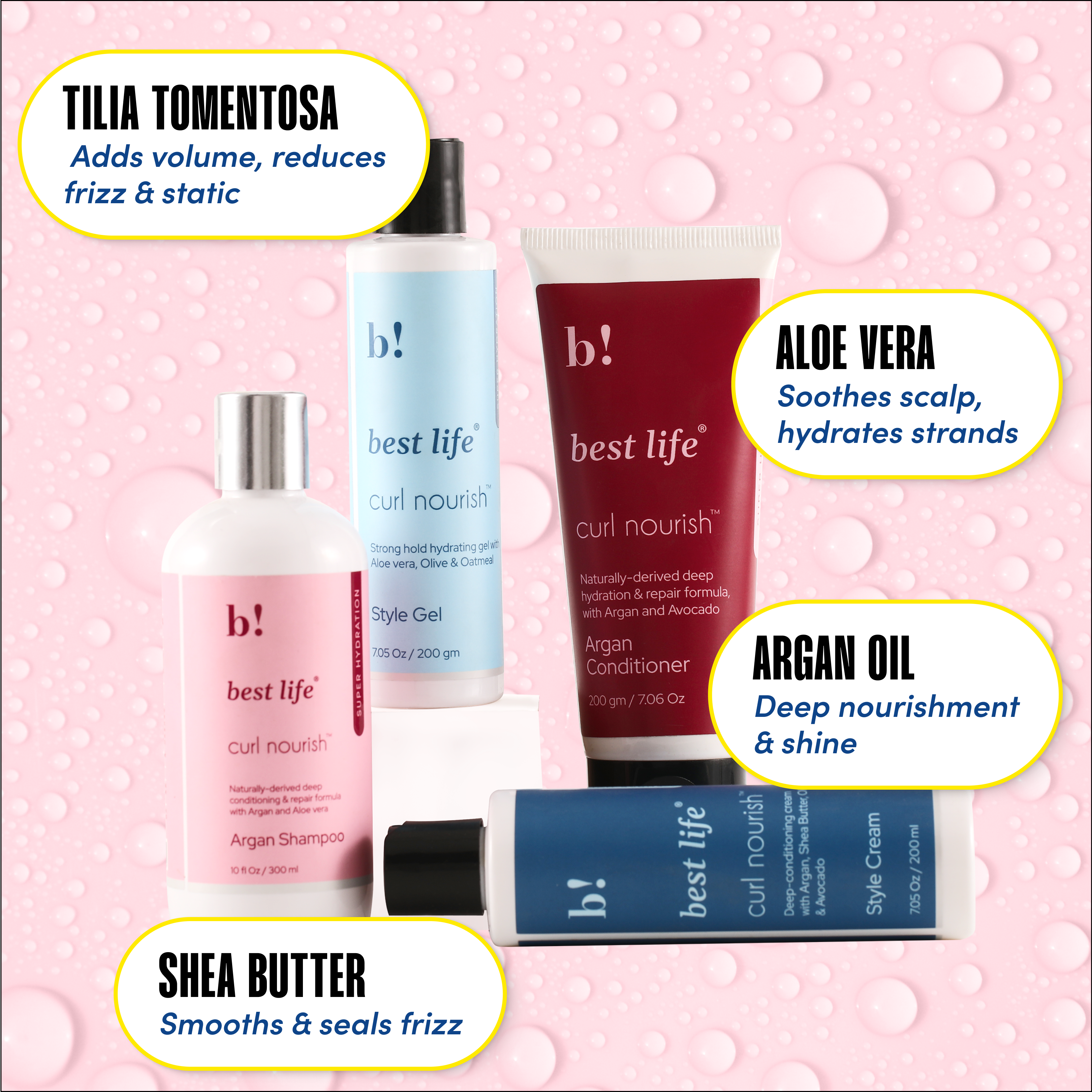 Best Life Curl Nourish Argan Wash &amp; Style Bundle | for Dry, Color-treated, Curly, Wavy &amp; Coily Hair (900 Ml (Pack of 4))
